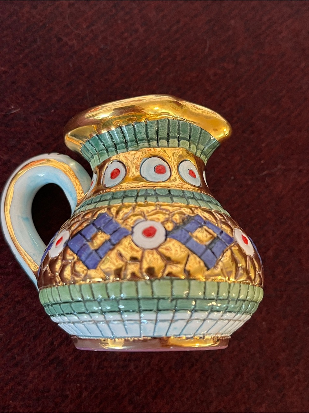 G P DERUTA hand painted Small Pitcher with 24 Carat Gold trim 3”
